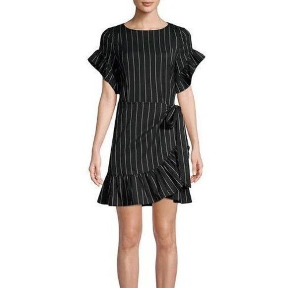 Supply & Demand Pinstriped Ruffled Flutter Sleeve Wrap Dress Large NEW - Picture 2 of 11